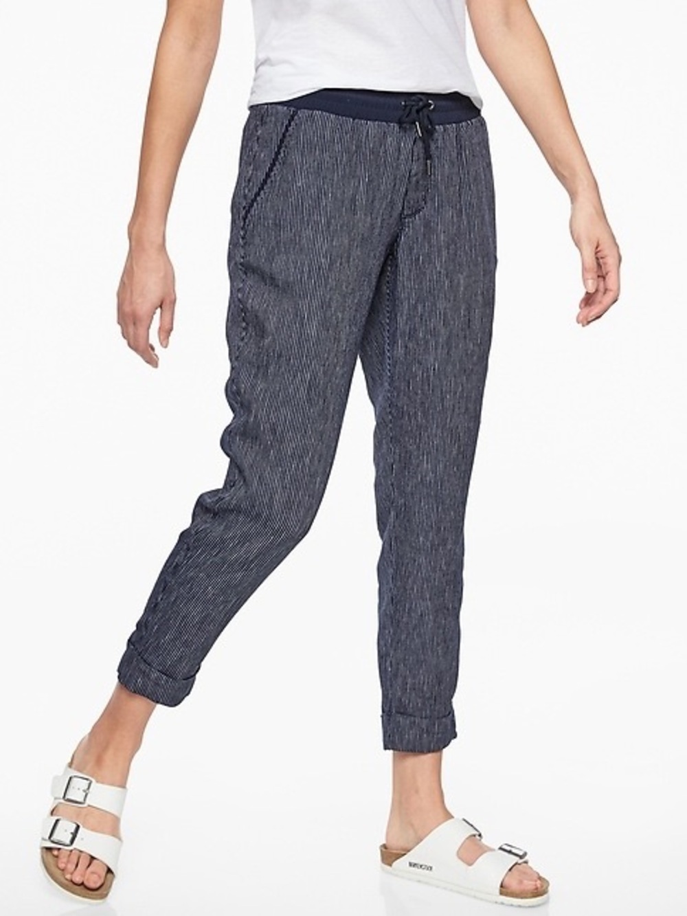 Athleta Stripe Bali Linen Ankle Pant Navy Blue White Size 10 Tall - Picture 1 of 13